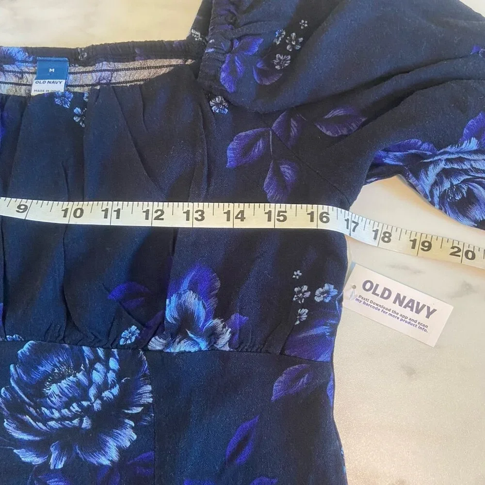 Old Navy Womens M Puff Sleeve Smock Long Sleeve Blouse‎ Navy Blue Floral Cottage